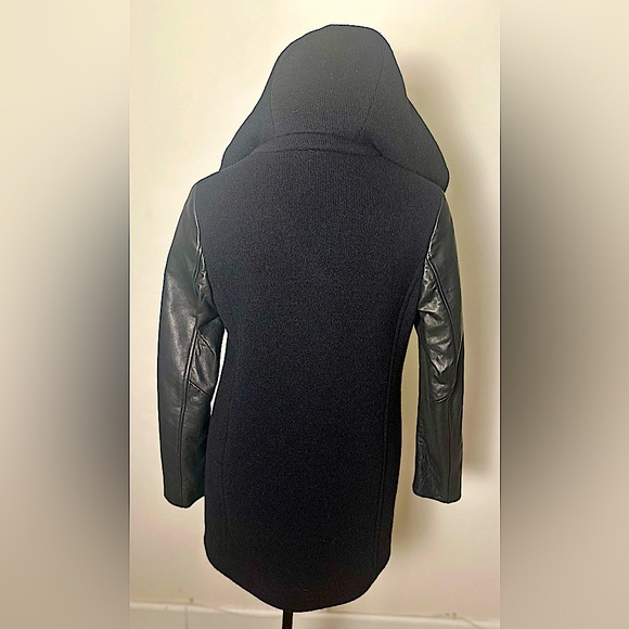 SOÏA & KYO Women’s Size Medium Black Wool Hooded Coat with Lamb Leather Sleeves - Picture 4 of 14